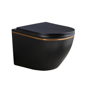 Vas WC suspendat Peak Black Matt&Gold, rimless si cu capac softclose