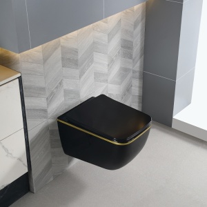 Vas WC suspendat Yuzu Tornado Black Glossy & Gold, rimless cu capac softclose - Img 6