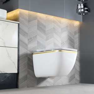 Vas WC suspendat Yuzu Tornado White & Gold, rimless cu capac softclose - Img 5