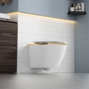 Vase de toaleta suspendat Peak White Matt&Gold, rimless cu capac softclose - Img 7