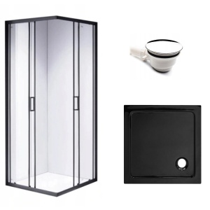 Cabina de dus din sticla securizata cu rame negre si cadita neagra BL30B-ST02B 90x90 cm