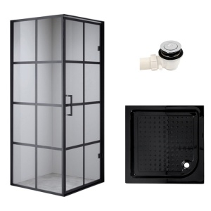 Cabina de dus dreptunghiulara cu rame negre si cadita neagra antialunecare BS10A-SXL02A 80 x 80 cm