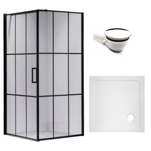 Cabina de dus dreptunghiulara din sticla securizata cu rame negre si cadita alba slim BS13B-ST02B 90 x 90 cm