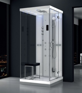 Cabina de dus MUE-H1000-11R montaj dreapta, alba cu hidromasaj si sauna cu aburi 100 x 100 x 217 cm