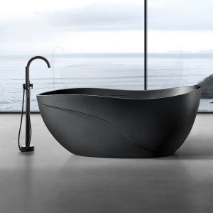 Cada de baie freestanding ovala MUE-D007B Black Matt Stone – 170 x 80 x 71 cm, finisaj negru mat cu textura de piatra - Img 2