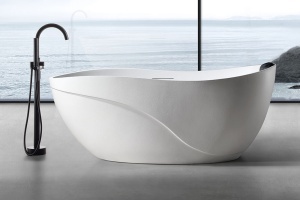 Cada de baie freestanding ovala MUE-D007W 170 x 80 cm, finisaj alb mat cu textura de piatra - Img 2