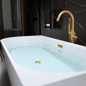 Cada de baie suport RIO 504D, Dimensiune 170x75cm/Dreapta, Culoare Alb, Deversor Auriu Periat - Img 2