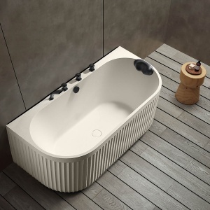Cada freestanding ovala asimetrica cu baterie neagra MUE-A005-2C Exclusiv, 170 x 80 cm, crem mat cu textura de piatra - Img 3