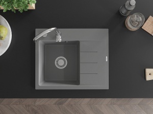 Chiuveta bucatarie din granit cu o cuvă ,montaj stânga 600 x 500 mm, gri, sifon crom, Ben - Img 4