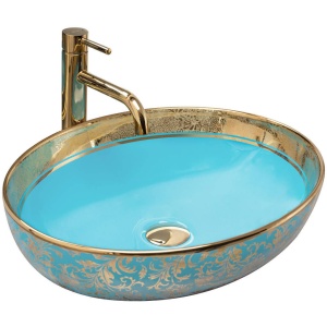 Chiuveta de blat REA MARGOT, Dimensiuni 42 x 34x 14 cm, Forma Ovala, Ceramica sanitara, Albastru/Auriu - Img 1