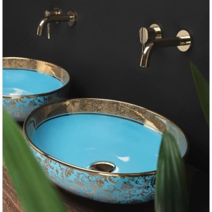 Chiuveta de blat REA MARGOT, Dimensiuni 42 x 34x 14 cm, Forma Ovala, Ceramica sanitara, Albastru/Auriu - Img 3