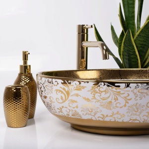Chiuveta de blat REA MARGOT, Dimensiuni 52 x 40x 13.5 cm, Forma Ovala, Ceramica sanitara, Alb/Auriu - Img 5
