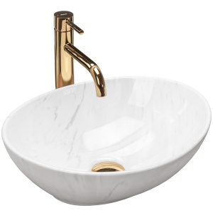 Chiuveta De Blat REA SOFIA CALALA, Dimensiuni 41 X 33.5 X 15 Cm, Montaj Pe Blat, Design Deosebit, Forma Ovala, Ceramica Sanitara, Alb / Gri - Img 1