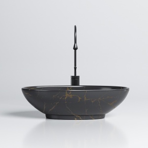 Chiuveta lavoar oval cu montaj pe blat, din ceramica,Lumo Black Marble Gloss 53 x 33 cm - Img 8