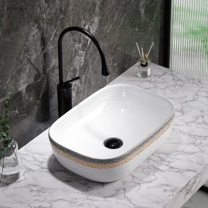 Lavoar ceramic dreptunghiular alb cu decoratiuni gri-aurii si montaj pe blat Milo White Gloss 45 x 32 cm - Img 8