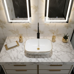 Lavoar ceramic dreptunghiular alb cu detalii florale aurii Milo White Gloss 45 x 32 cm - Img 12