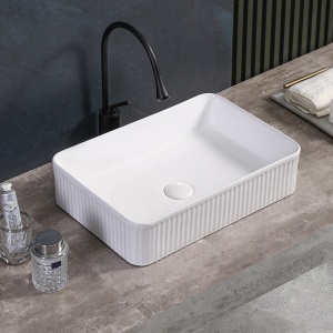 Lavoar ceramic dreptunghiular cu caneluri si cu fixare pe blat Aura White Gloss 50 x 34 cm - Img 2