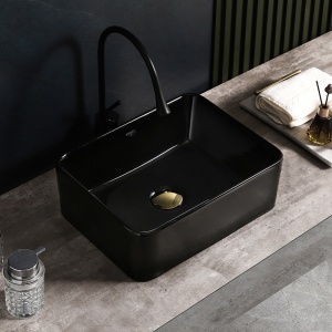 Lavoar ceramic dreptunghiular cu fixare pe blat Luxo Black Gloss 41 x 31 cm - Img 7