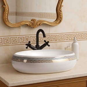 Lavoar ceramic oval alb cu decoratiune aurie Cari 60 x 40 cm - Img 13