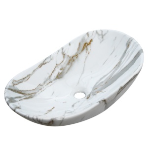 Lavoar ceramic oval alb marmorat cu montaj pe blat Lavi White Gloss 62 x 36 cm - Img 4