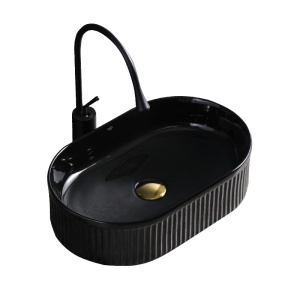 Lavoar ceramic oval cu caneluri cu montaj pe blat Elix Black Gloss 49 x 31 cm - Img 7