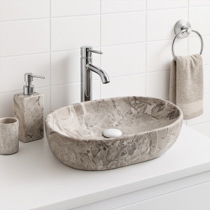 Lavoar ceramic oval cu fixare pe blat Neo Marble Grey Matt 48 x 34 cm - Img 7