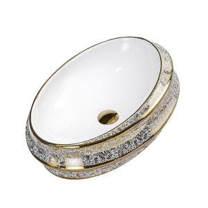 Lavoar ceramic oval cu interior alb si exterior cu decoratiuni aurii Yoko 60 x 40 cm