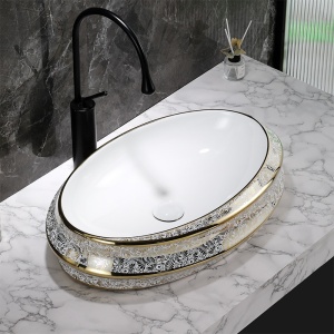 Lavoar ceramic oval cu interior alb si exterior cu decoratiuni aurii Yoko 60 x 40 cm - Img 11
