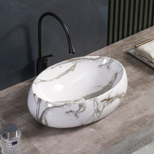 Lavoar ceramic oval cu montaj pe blat Cari White&Marble 50 x 31 cm - Img 2
