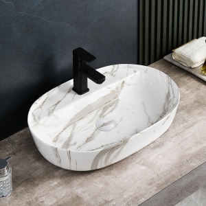Lavoar ceramic oval cu montaj pe blat, marmura alb lucioasa Emi White Gloss 60 x 40 cm - Img 9