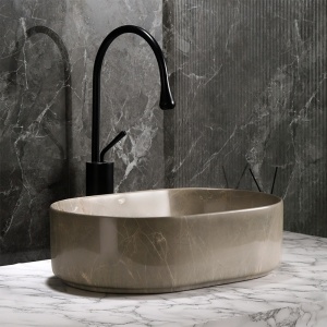 Lavoar ceramic oval din marmura bej cu montaj pe blat Navi 46 x 31 cm - Img 6