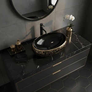 Lavoar ceramic oval negru cu decoratiuni aurii si montaj pe blat Cari 60 x 40 cm - Img 6