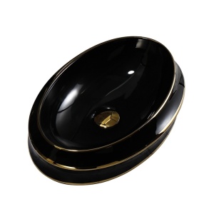 Lavoar ceramic oval negru cu linii aurii si montaj pe blat Yoko Black Gloss 60 x 40 cm