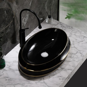 Lavoar ceramic oval negru cu linii aurii si montaj pe blat Yoko Black Gloss 60 x 40 cm - Img 11