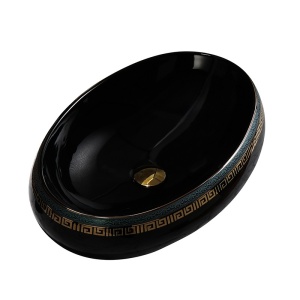 Lavoar ceramic oval negru lucios cu decoratiuni aurii Cari 60 x 40 cm