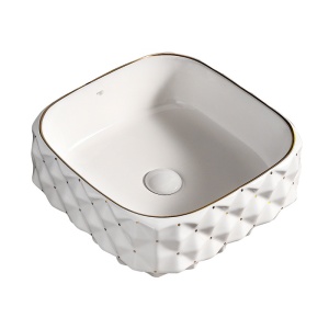 Lavoar ceramic patrat alb cu decoratii aurii si montaj pe blat Pearl White 40 x 40 cm - Img 3