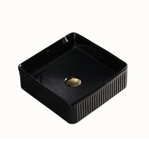 Lavoar ceramic patrat cu caneluri si montaj pe blat Aura Black Gloss 37 x 13 cm - Img 6