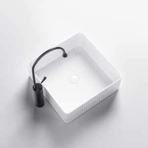 Lavoar ceramic patrat cu caneluri si montaj pe blat Aura White Gloss 37 x 37 cm - Img 5