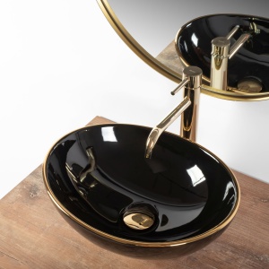 Lavoar De Blat REA SOFIA BLACK GOLD EDGE, Dimensiuni 41 X 34.5 X 15 Cm, Montaj Pe Blat, Design Deosebit, Forma Ovala, Ceramica Sanitara, Negru - Img 4