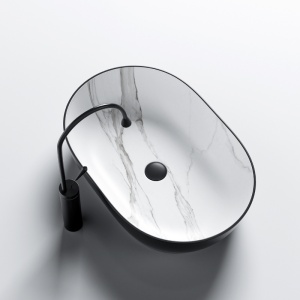 Lavoar oval ceramic cu fixare pe blat din marmura neagra mata si alb la interior Neo 60 x 42 cm - Img 4