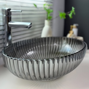Lavoar oval din sticla cu caneluri Brillant Platinium Black Gloss 51 x 35 cm - Img 5