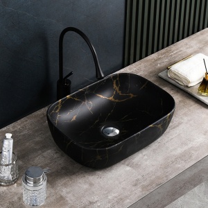 Lavoar pe Blat, Milo, Marmura Ceramica Negru Mat cu Model Auriu , Dreptunghiular 45,5 x 32,5 x 13,5 cm - Img 6