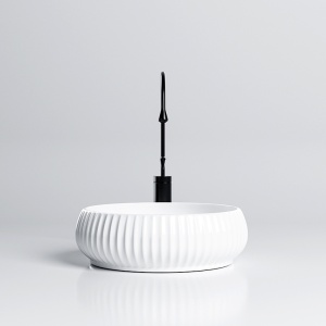 Lavoar rotund cu fixare pe blat alb lucios si caneluri Naomi White Gloss 40 x 15 cm - Img 4