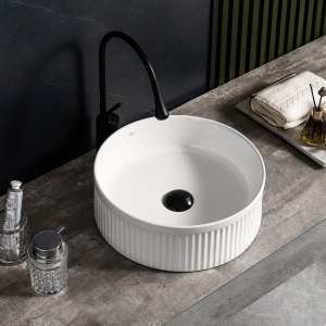 Lavoar rotund cu fixare pe blat, din ceramica, canelat, Lava White Gloss 37 x 13 cm - Img 8