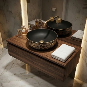 Lavoar rotund cu montaj pe blat negru-auriu Rea Babilon Gold - Img 4