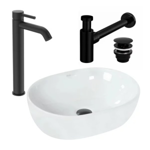 Pachet lavoar pe blat Rea Amelia alb 48 cm, baterie lavoar Ideal Standard Ceraline negru si ventil lavoar Click-Clack negru - Img 1