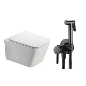 Pachet vas wc suspendat Fluminia Paris, capac softclose si set dus igiena intima negru cu baterie incastrata Rea Loop - Img 1
