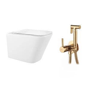 Pachet vas wc suspendat Rea, capac softclose si set dus igiena intima auriu cu baterie incastrata Invena Bidetta - Img 1