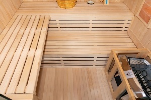 Sauna uscata finlandeza pentru 3 persoane cu soba Harvia 4.5 kW si piatra sarata EA3S XL 150 x 150 x 200 cm - Img 11