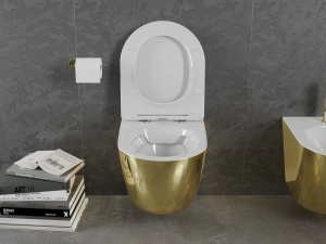 Set Bideu Mex Lenacarlo MINI si Vas Wc Lenacarlo MINI, Montaj Suspendat, Ceramica Sanitara, Capac Slim cu inchidere lenta, Culoare Alb/Auriu - Img 6